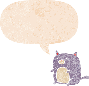 grunge 'da konuşma balonu olan çizgi film kedisi bir insan tarafından çizilmiş dertli retro desenli