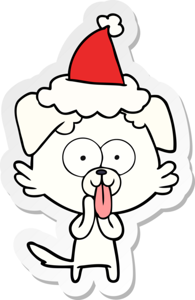 Bir insan tarafından çizilmiş Noel Baba şapkası giymiş, dili dışarı çıkmış bir köpeğin el yazısı.