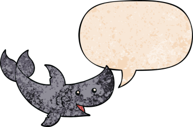 Konuşma baloncuğu olan bir karikatür köpekbalığı insan tarafından çizilmiş.