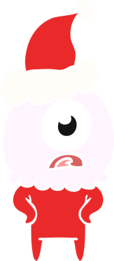 Bir insan tarafından çizilmiş Noel Baba şapkası giyen bir Tepegöz 'ün el çizimi düz renk çizimi.