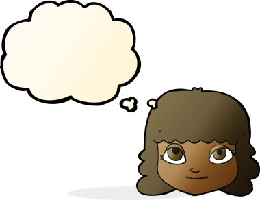 Bir insan tarafından çizilmiş düşünce baloncuklu mutlu kadın yüzü.