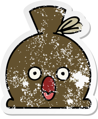 Bir insan tarafından çizilmiş şirin bir karikatür çuvalının sıkıntılı çıkartması.