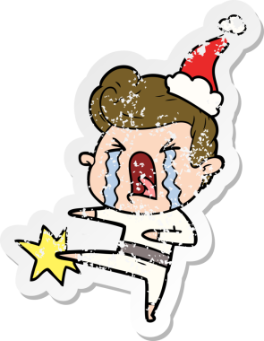 Bir insan tarafından çizilmiş, ağlayan, Noel Baba şapkası takan, kederli bir adamın çıkartması.