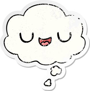 Düşünce baloncuğu olan sevimli çizgi film yüzü bir insan tarafından çizilmiş yıpranmış bir çıkartma gibi.