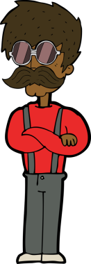 Bir insan tarafından çizilmiş bıyıklı ve gözlüklü hippi çizgi film karakteri.