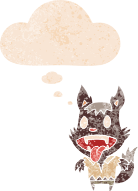 Düşünce baloncuğu olan karikatür kurtadamı bir insan tarafından çizilmiş dertli retro stili.