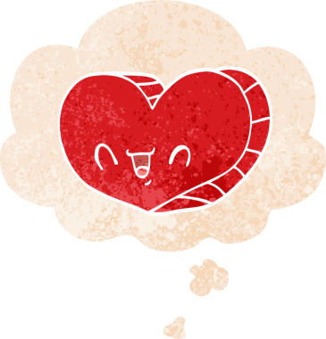 Düşünce baloncuklu karikatür aşk kalbi bir insan tarafından çizilmiş dertli retro stil