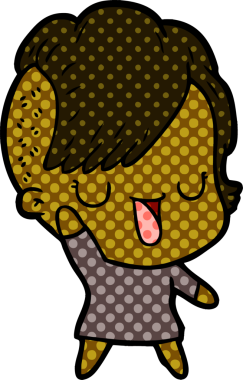 Bir insan tarafından çizilmiş hippi saç kesimli sevimli bir çizgi film kızı.