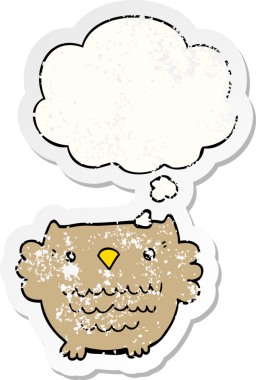 Düşünce baloncuğu olan karikatür baykuşu insan tarafından çizilmiş yıpranmış bir çıkartma.