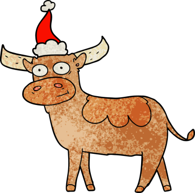 Bir insan tarafından çizilmiş Noel Baba şapkası giymiş bir boğanın el çizimi karikatürü.