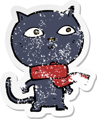 Bir insan tarafından çizilmiş eşarp takan siyah bir kedinin gerilimli retro yapıştırması.