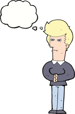 Bir insan tarafından çizilmiş düşünce baloncuğuyla gözlerini kısarak bakan çizgi film adamı.