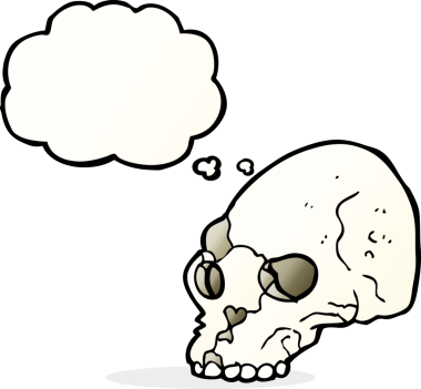 Bir insan tarafından çizilmiş düşünce baloncuklu garip kafatası.