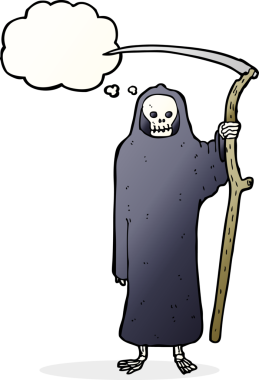 Bir insan tarafından çizilmiş düşünce baloncuklu ölüm karikatürü