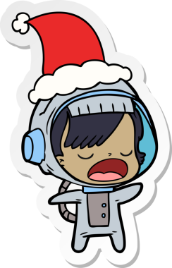Bir insan tarafından çizilmiş Noel Baba şapkası giyen konuşan astronot bir kadının el yazısı.