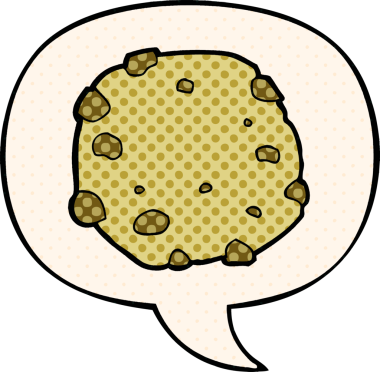 Bir insan tarafından çizilmiş çizgi roman tarzında konuşma balonlu çizgi film kurabiyesi.