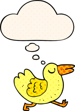 Çizgi roman tarzında düşünce baloncuğu olan çizgi film kuşu insan tarafından çizilmiş.
