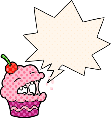 Bir insan tarafından çizilmiş komik çizgi roman tarzı konuşma baloncuklu kek.