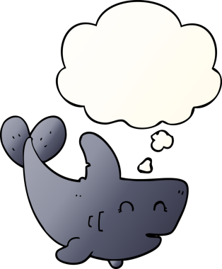 Bir insan tarafından çizilmiş, düşünce baloncuklu çizgi film köpekbalığı.