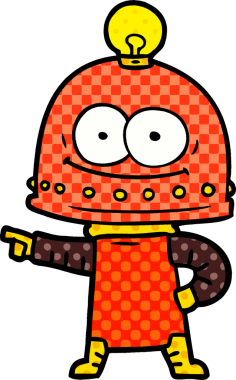 Bir insan tarafından çizilmiş ampullü mutlu karton robot.