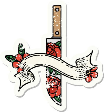 Bir hançer bayrağı ve bir insan tarafından çizilmiş çiçekler olan eski bir etiket.