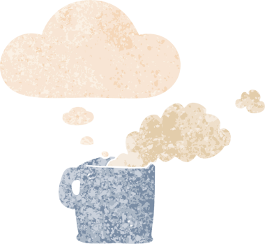 Düşünce baloncuklu karikatür sıcak kahve grunge sıkıntılı retro dokuma bir insan tarafından çizilmiş