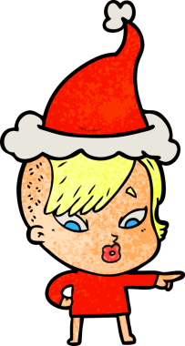 Bir insan tarafından çizilmiş Noel Baba şapkası giymiş şaşırmış bir kızın el çizimi karikatürü.