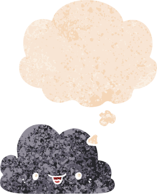 Düşünce baloncuğu ve grunge ile sevimli çizgi film bulutu bir insan tarafından çizilmiş sıkıntılı retro dokuma tarzı