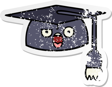 Bir insan tarafından çizilmiş şirin bir çizgi film mezuniyet şapkasının sıkıntılı çıkartması.