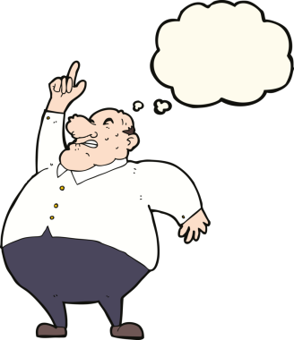 Bir insan tarafından çizilmiş düşünce baloncuğu olan şişman bir patron.