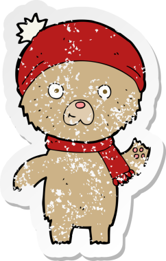 Bir insan tarafından çizilmiş oyuncak ayı sallayan bir çizgi filmin gerilimli retro yapıştırması.