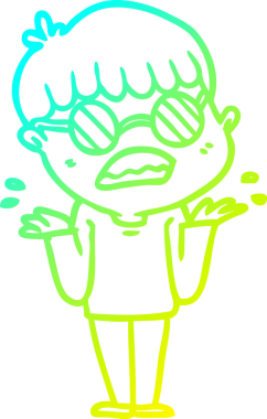 Bir insan tarafından çizilmiş gözlüklü, kafası karışmış bir çizgi film karakteri.