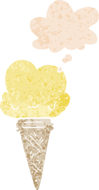 Yüzünde düşünce kabarcığı olan karikatür dondurması bir insan tarafından çizilmiş dertli retro tarzı.