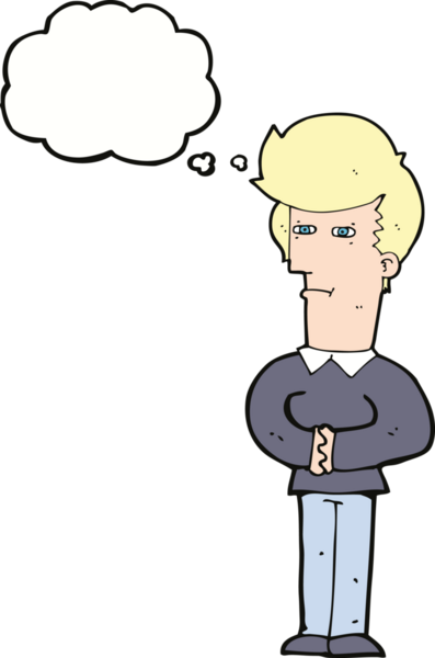 Bir insan tarafından çizilmiş düşünce baloncuğuyla gözlerini kısarak bakan çizgi film adamı.