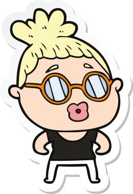 Bir insan tarafından çizilmiş gözlüklü bir karikatür kadının çıkartması.