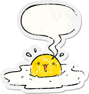 Konuşma baloncuklu tatlı çizgi film yumurtası bir insan tarafından çizilmiş sıkıntılı eski bir çıkartma.