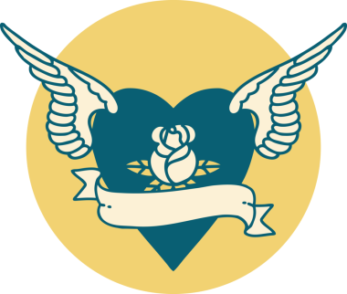 Kanatlı kalbin ikonik dövmesi. Bir insan tarafından çizilmiş gül ve bayrak.