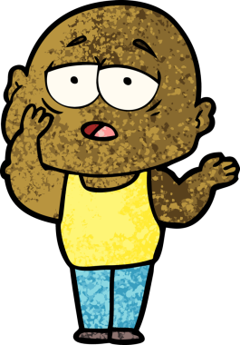 Bir insan tarafından çizilmiş yorgun, kel bir adam.