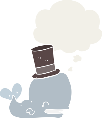 Düşünce baloncuklu silindir şapkalı bir balina insan tarafından çizilmiş.