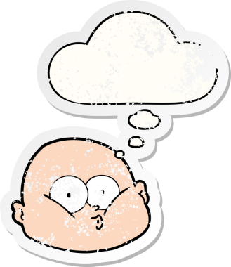 Karikatür meraklısı kel bir adam. Düşünce baloncuğu insan tarafından çizilmiş yıpranmış bir çıkartma gibi.