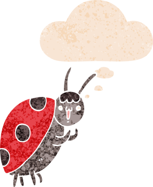 Bir insan tarafından çizilmiş grunge sıkıntılı retro tarzı düşünce baloncuğu ile sevimli uğur böceği çizgi filmi