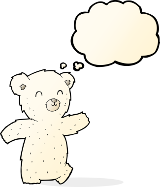 Bir insan tarafından çizilmiş düşünce baloncuklu şirin kutup ayısı.