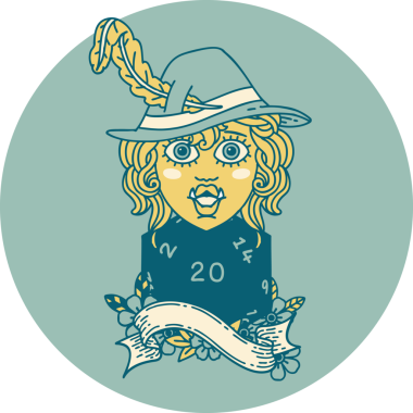 Retro Dövme Tarzı Şarkı Söyleyen Yarı Ork Ozan Bir insan tarafından çizilmiş doğal yirmi zar ile