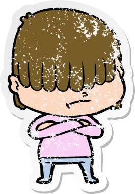 Bir insan tarafından çizilmiş dağınık saçlı bir çizgi film çocuğunun sıkıntılı çıkartması.