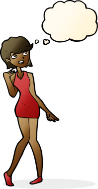 Bir insan tarafından çizilmiş düşünce balonlu kokteyl elbiseli kadın.