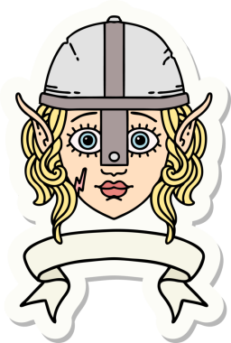 Bir elf savaşçısı karakterinin çıkartması, insan tarafından çizilmiş bir pankartıyla.