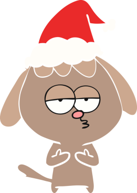 Bir insan tarafından çizilmiş Noel Baba şapkası takan sıkılmış bir köpeğin düz renkli çizimi.