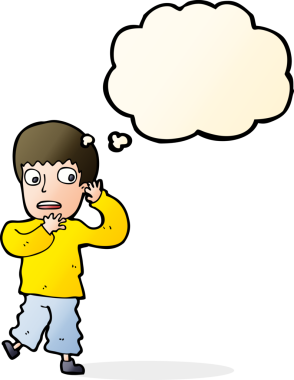 Bir insan tarafından çizilmiş düşünce baloncuğu olan korkmuş bir çocuk.