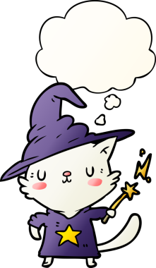 bir insan tarafından çizilmiş yumuşak eğimli düşünce baloncuğu ile çizgi film kedi sihirbazı