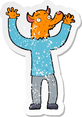 Bir insan tarafından çizilmiş mutlu tilki adam çizgi filminin kederli retro yapıştırması.